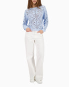 Monari openwork knit jumper light blue, woman wearing front view – Áines Boutique