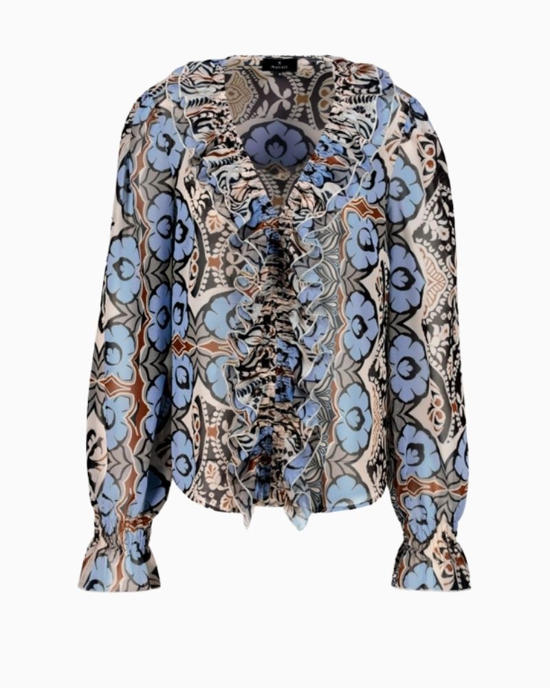 Monari Ornament Pattern Blouse with gathered V-neck and ruffle front