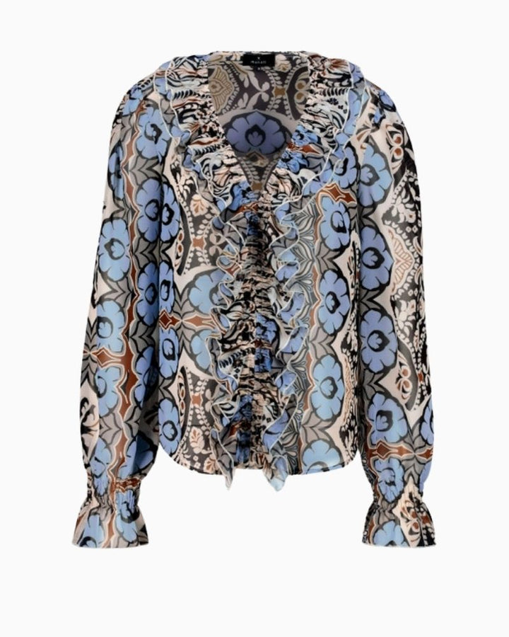 Monari Ornament Pattern Blouse with gathered V-neck and ruffle front