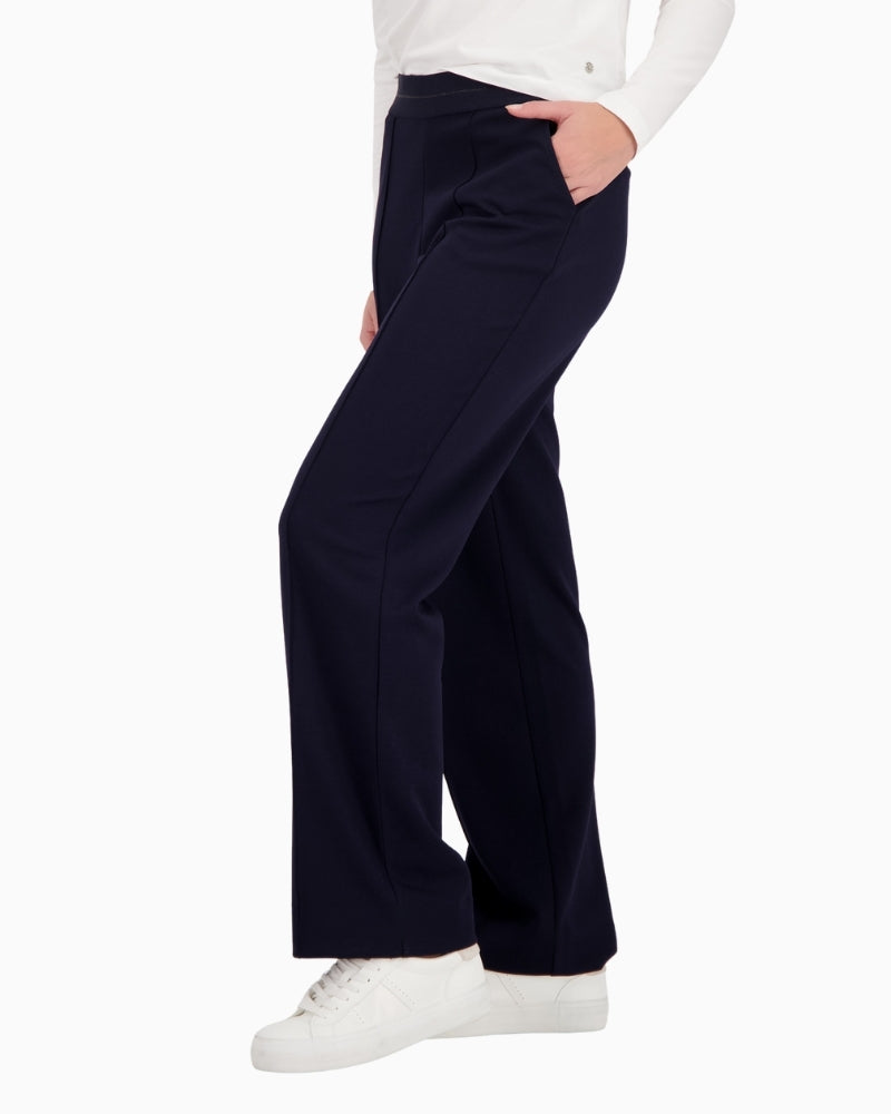 Monari glitter stripe pants navy side view with leg shape – Áines Boutique