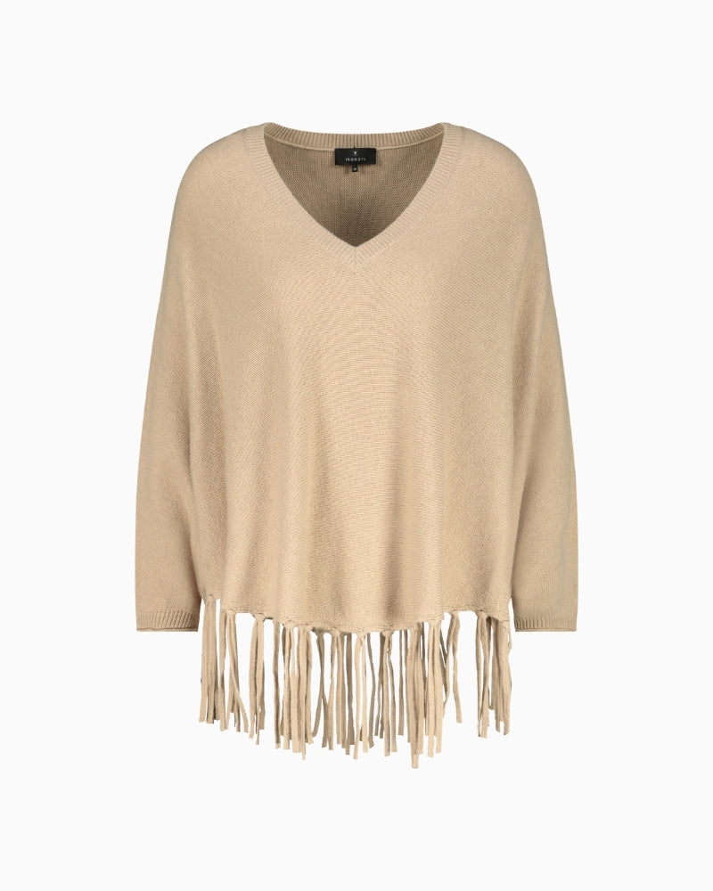 Front view of Monari oversized poncho with V-neck and fringe hem