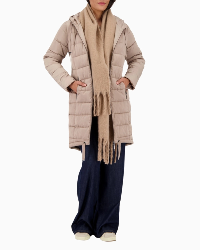 Monari quilted coat with Lurex stripe detail and extended back hem