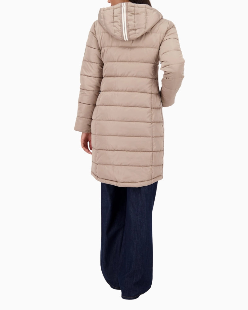 Back view of Monari coat with hood and drawstring, longer back hem