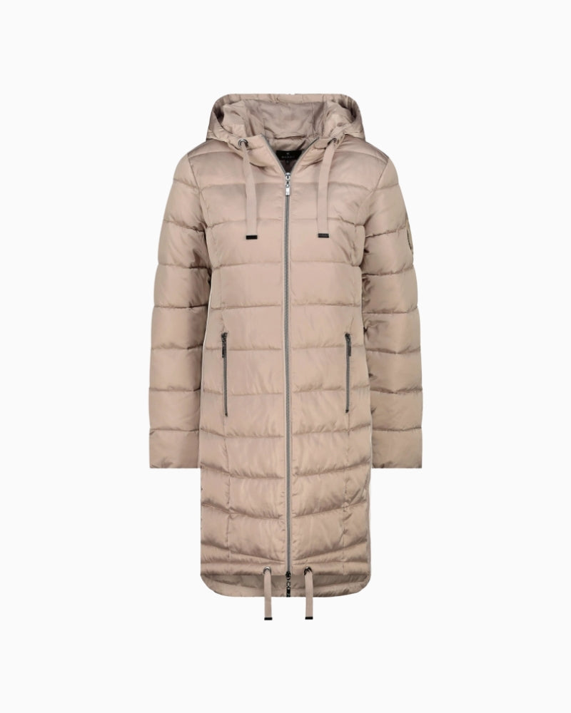 Front view of Monari lightweight hooded coat with full zip and side pockets