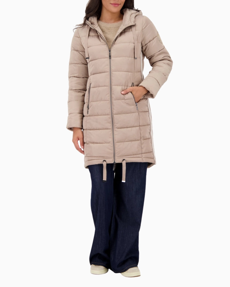 Monari quilted coat with Lurex stripe detail and extended back hem
