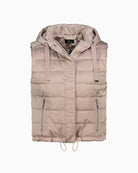 Front view of Monari quilted gilet with zip pockets and drawstring hood