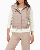 Front view of Monari quilted gilet with zip pockets and drawstring hood