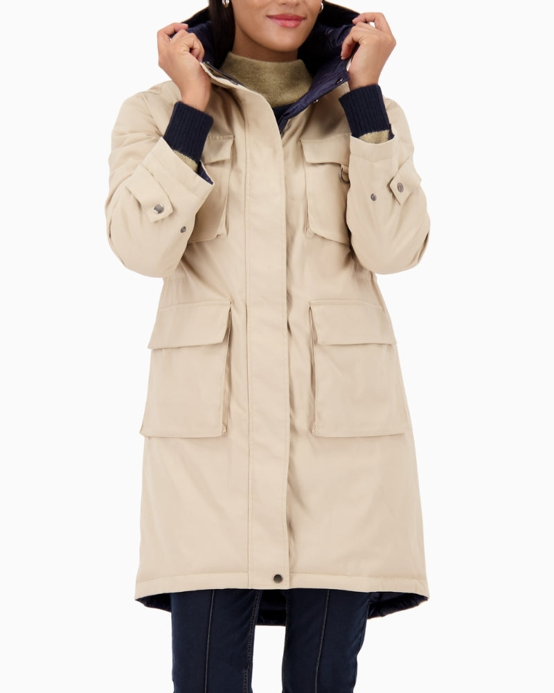 Monari beige reversible coat with hood and quilted finish