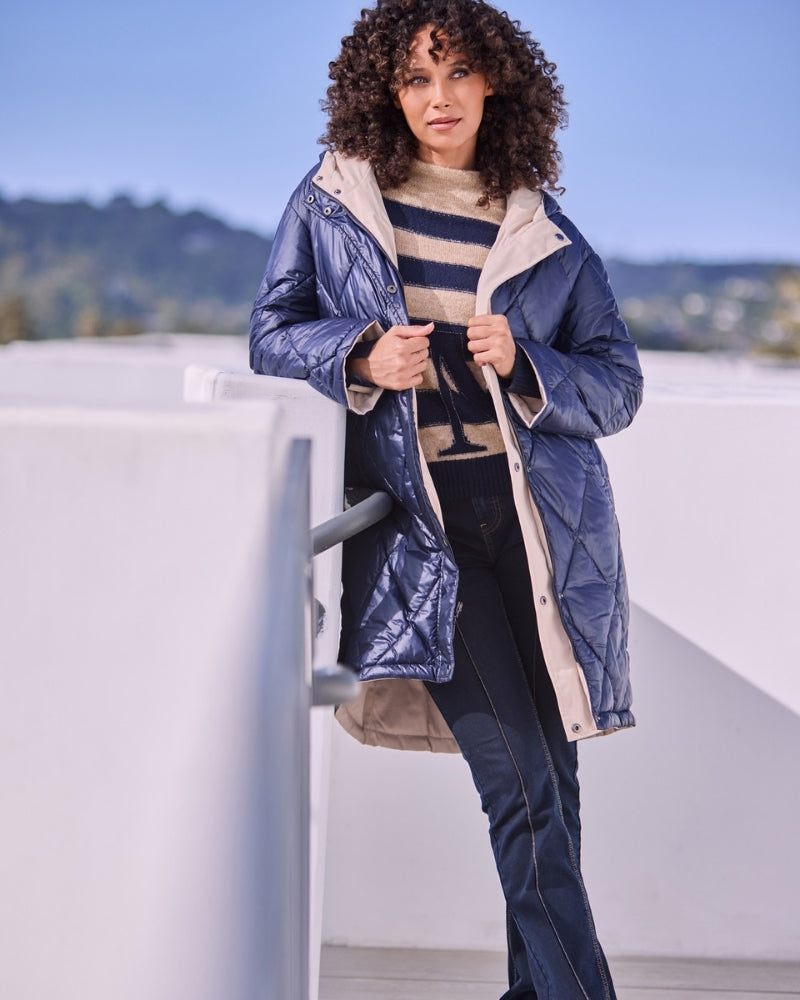 Monari beige reversible coat with hood and quilted finish