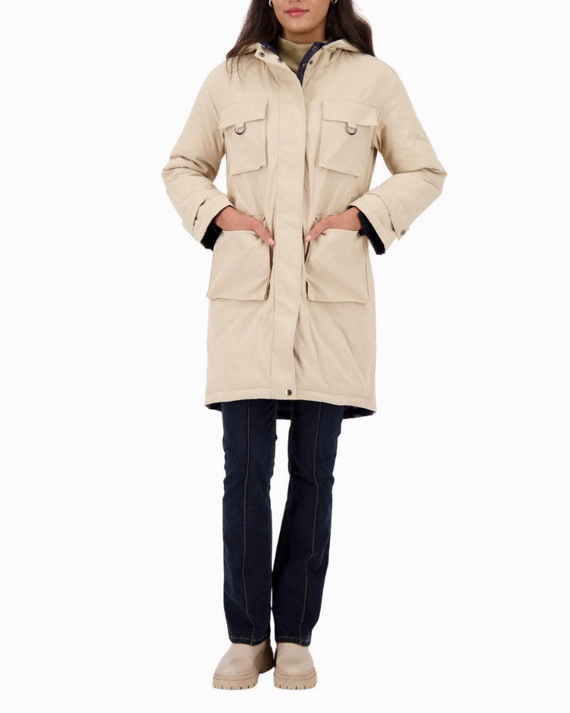 Plain side of Monari two-in-one coat with flap pockets and adjustable waist