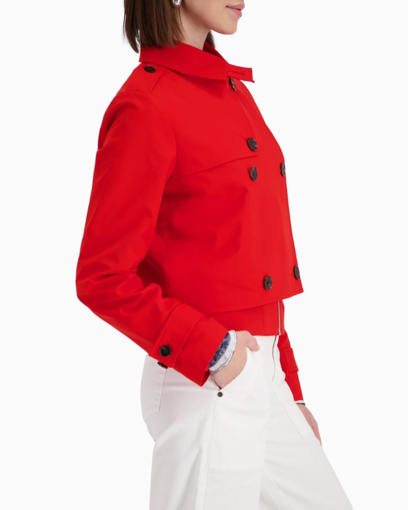 Monari short trench coat red side view with sleeve detail – Áines Boutique