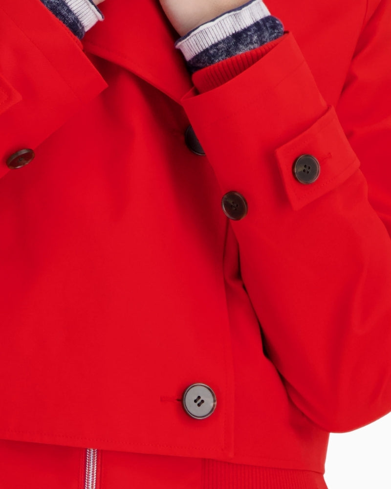 Monari short trench coat red close-up of cuff tab detail – Áines Boutique