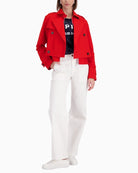 Woman wearing Monari short trench coat red styled casually – Áines Boutique