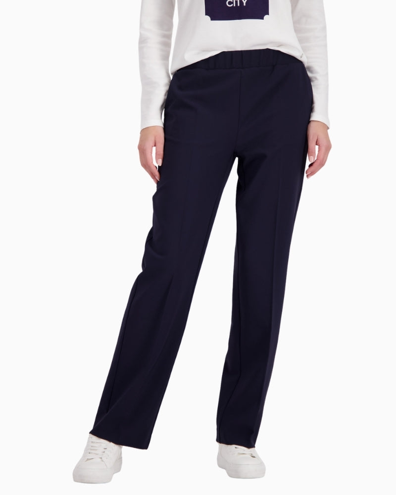 Monari straight leg trousers in navy, woman wearing front view – Áines Boutique