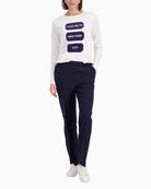 Monari straight leg trousers in navy, woman wearing front view – Áines Boutique