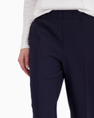 Monari straight leg trousers navy elastic waistband close-up – Áines Boutique