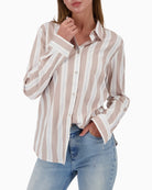 Monari beige striped blouse in cotton blend with stretch