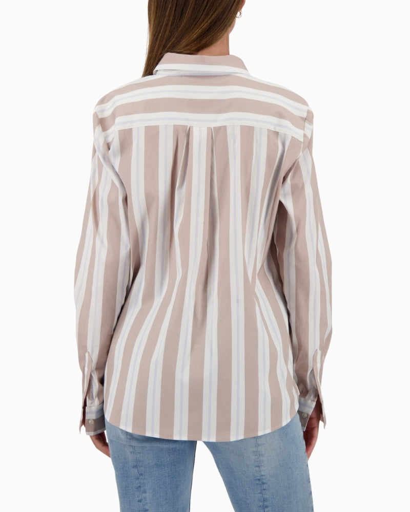 Back view of Monari cotton shirt in beige stripe pattern