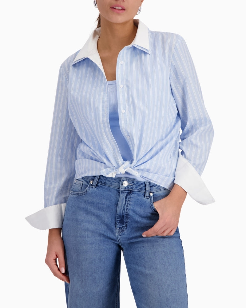 Monari striped cotton blouse, woman wearing front view – Áines Boutique