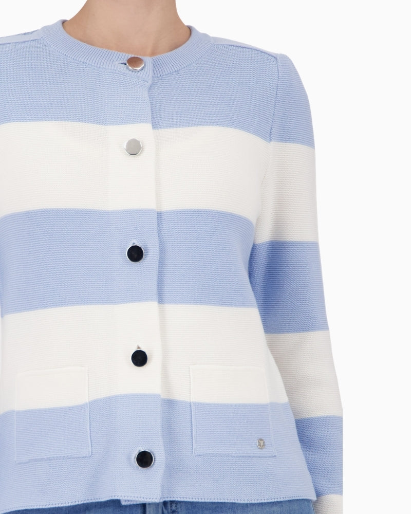 Monari striped cardigan round neckline and button detail close-up – Áines Boutique