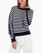 Monari striped jumper navy and off white front view laid flat – Áines Boutique