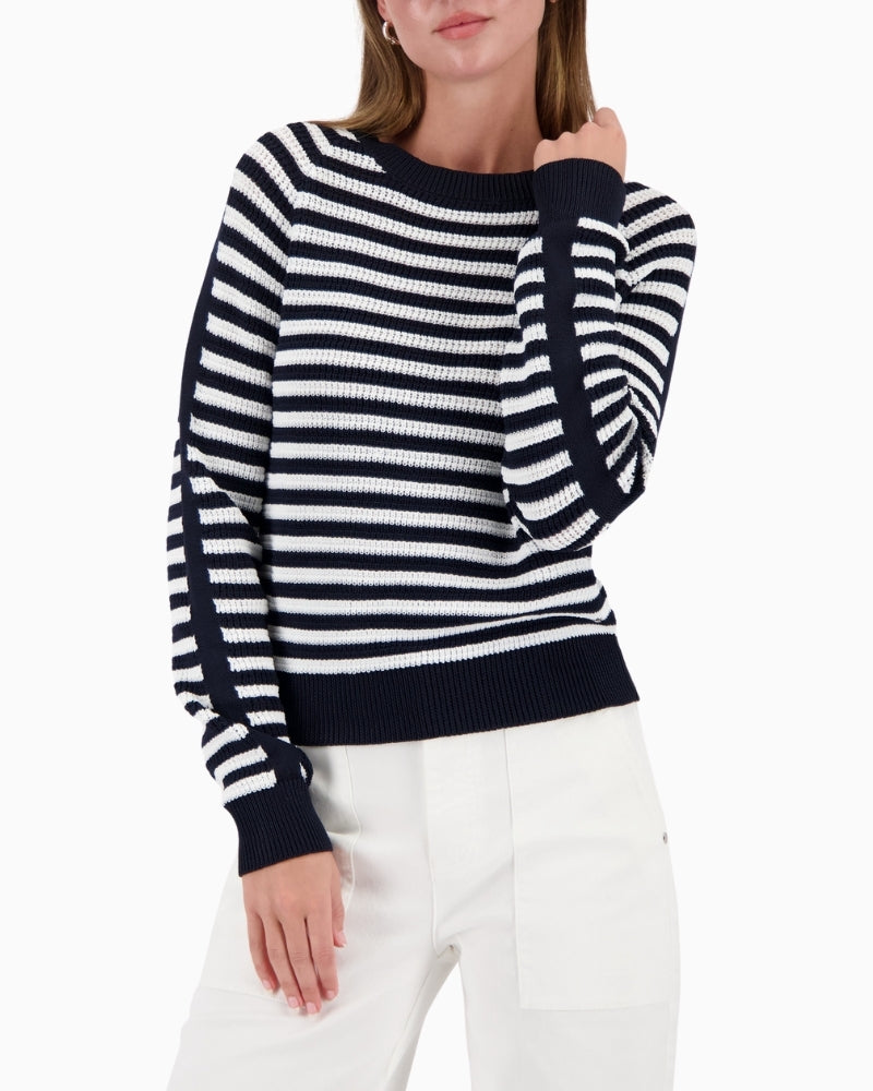 Monari striped jumper navy and off white front view laid flat – Áines Boutique