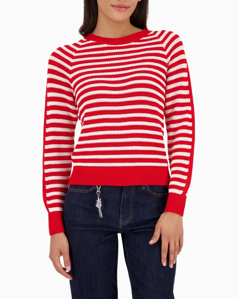 Monari striped jumper red and off white front view laid flat – Áines Boutique