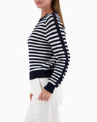 Monari striped jumper navy and off white side view with sleeve shape – Áines Boutique