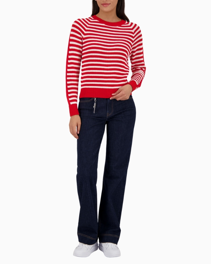 Woman wearing Monari striped jumper red and off white styled casually – Áines Boutique