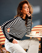 Monari striped jumper navy and off white close-up of ribbed neckline – Áines Boutique