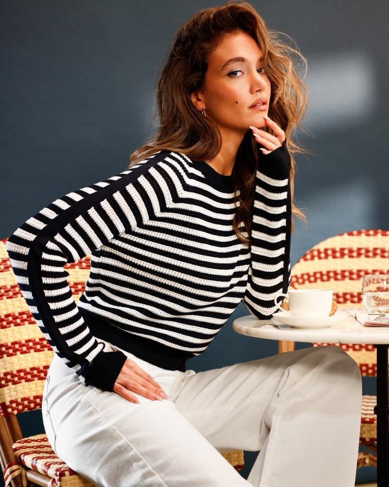 Monari striped jumper navy and off white close-up of ribbed neckline – Áines Boutique