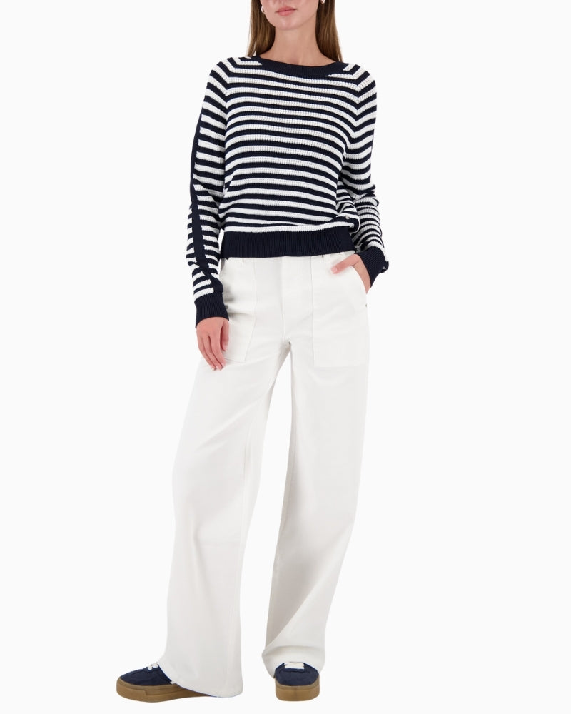 Woman wearing Monari striped jumper navy and off white styled casually – Áines Boutique