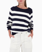 Monari striped knit jumper navy and white front view laid flat – Áines Boutique