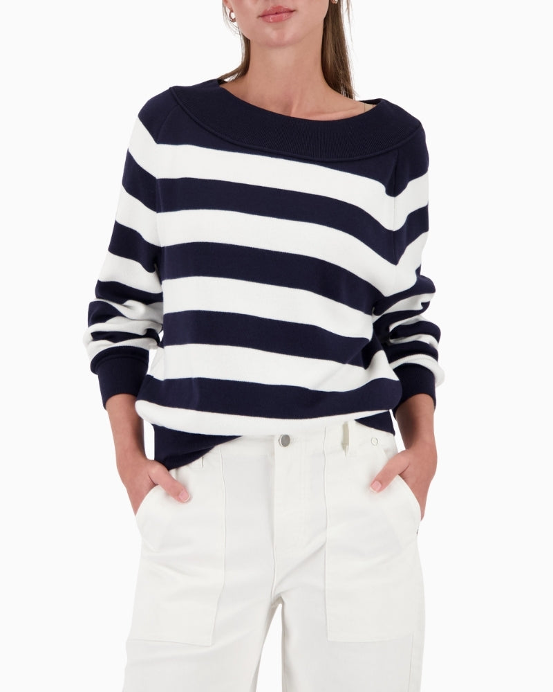 Monari striped knit jumper navy and white front view laid flat – Áines Boutique