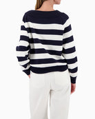 Monari striped knit jumper navy and white back view showing ribbed hem – Áines Boutique