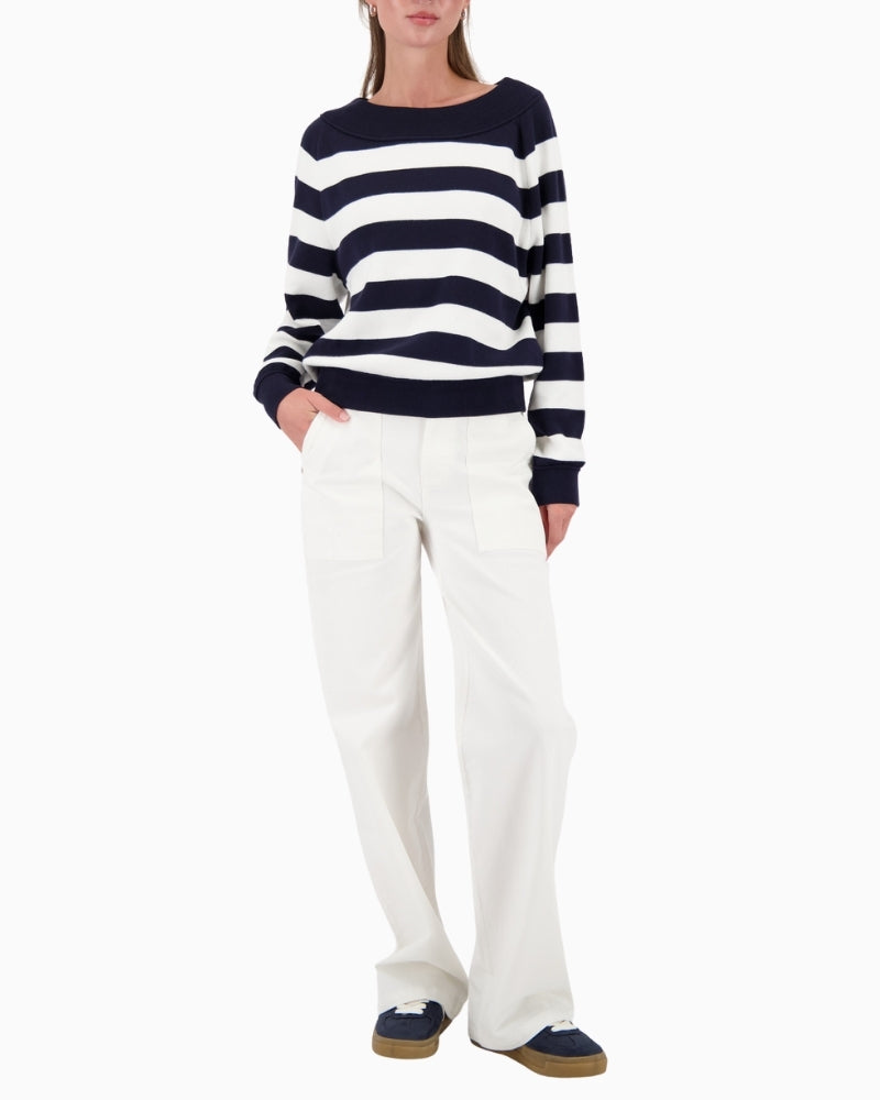 Woman wearing Monari striped knit jumper navy and white styled casually – Áines Boutique