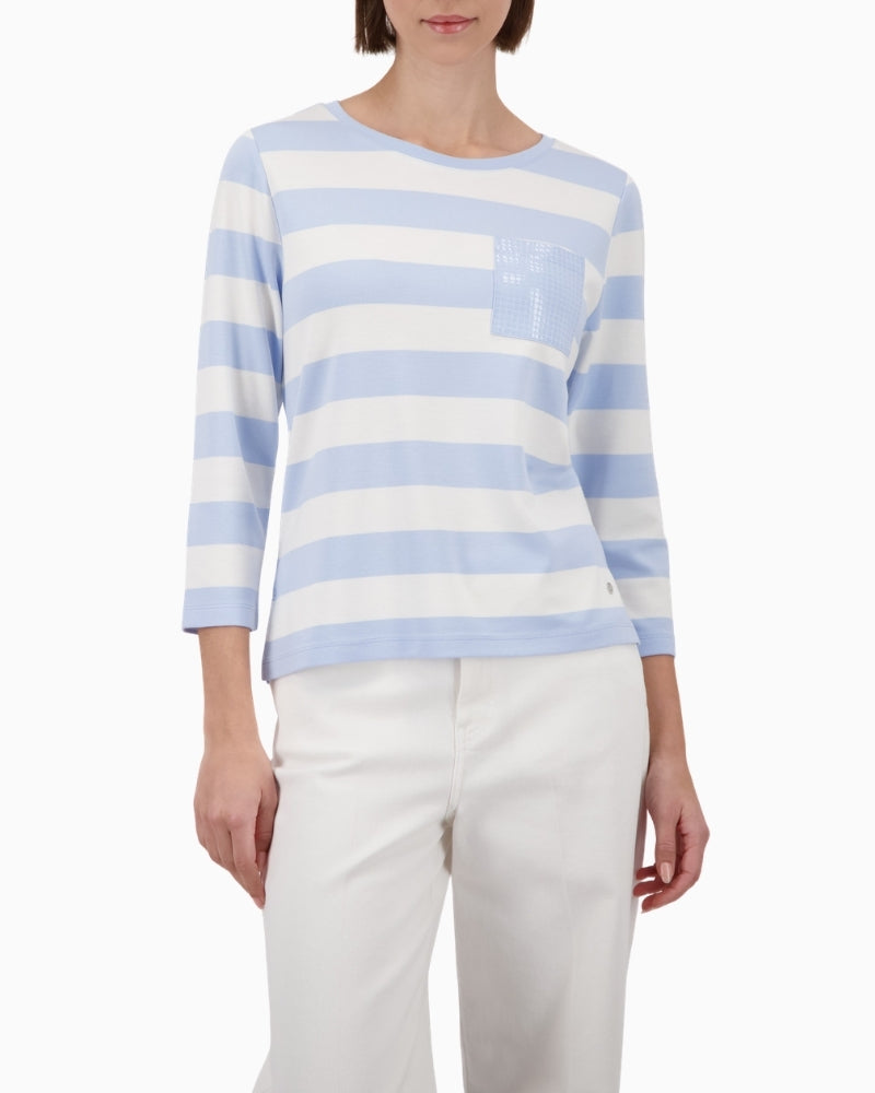 Monari striped sweatshirt with sequin pocket, woman wearing front view – Áines Boutique