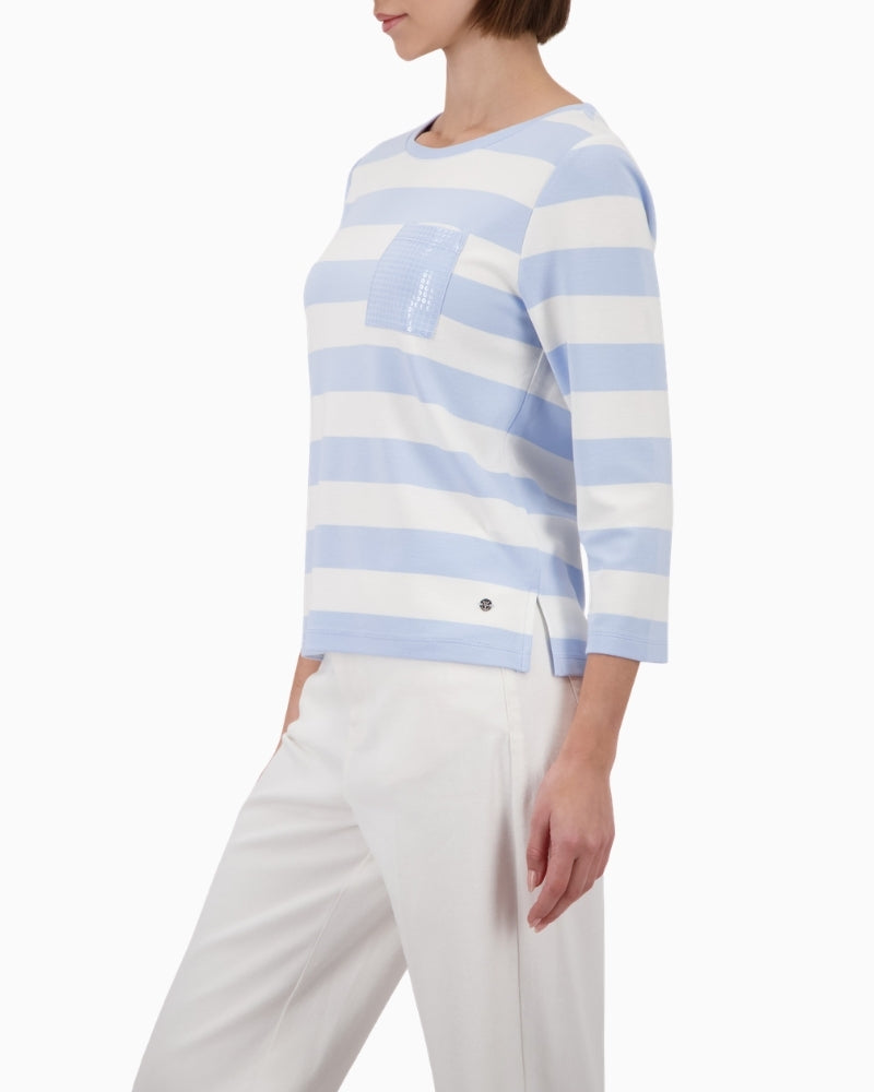 Monari striped sweatshirt with sequin pocket, woman wearing side view – Áines Boutique