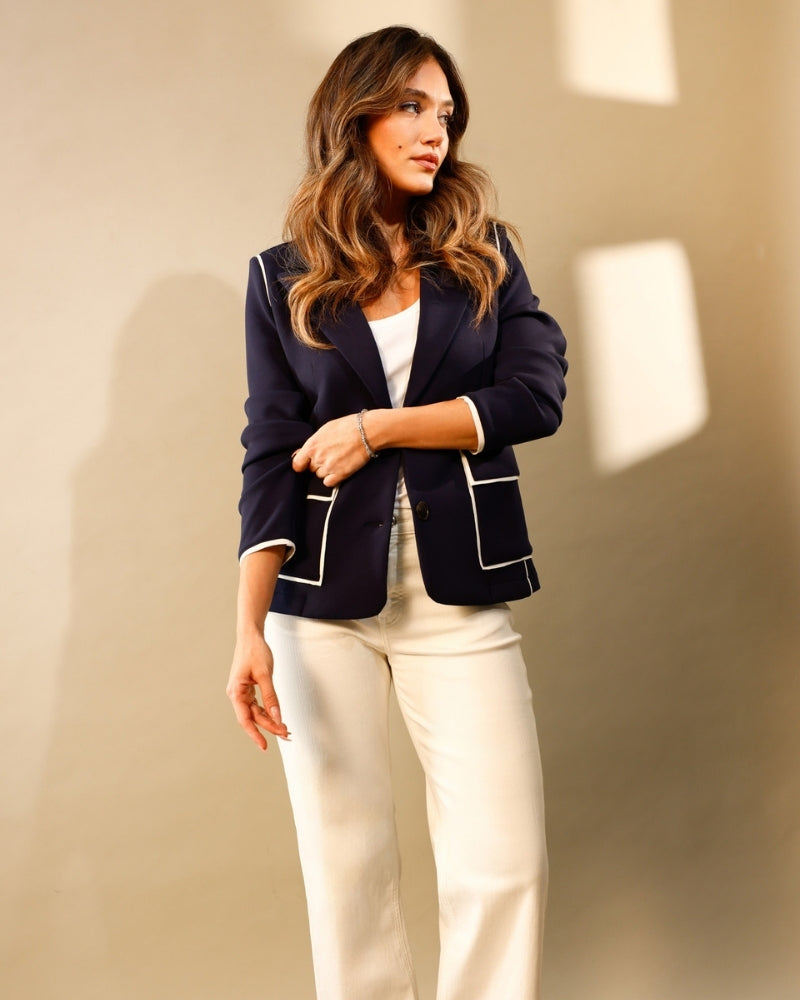 Woman wearing Monari sweat blazer navy styled smart casually – Áines Boutique
