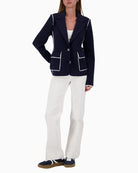 Woman wearing Monari sweat blazer navy styled smart casually – Áines Boutique