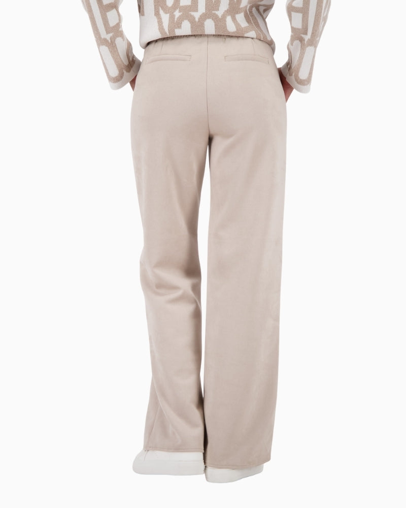 Back view of straight-leg velour trousers with soft drape