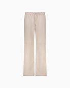 Front view of soft stretch velour trousers with elastic waistband