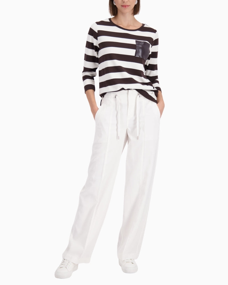 Monari wide leg drawstring trousers lightweight denim-look, woman wearing front view – Áines Boutique