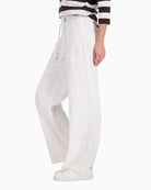 Monari wide leg drawstring trousers lightweight denim-look, woman wearing side view – Áines Boutique