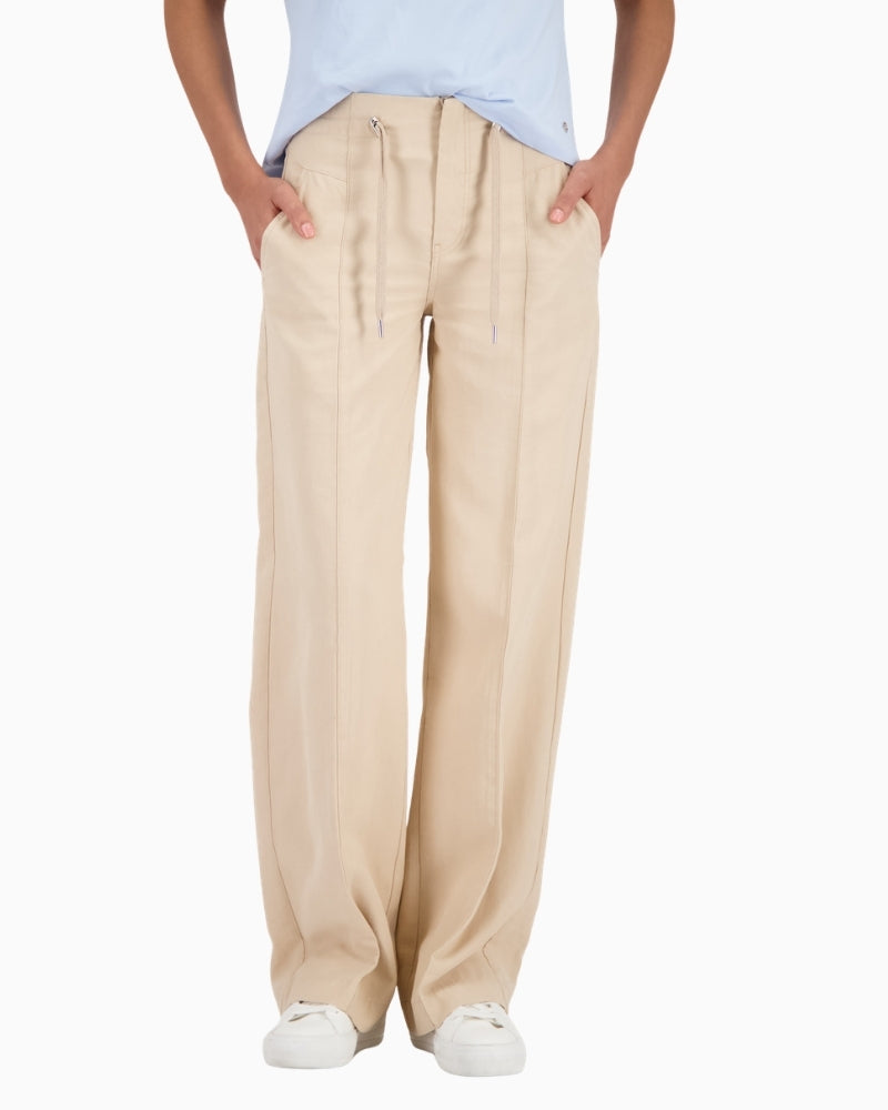 Monari wide leg drawstring trousers lightweight denim-look, woman wearing front view – Áines Boutique