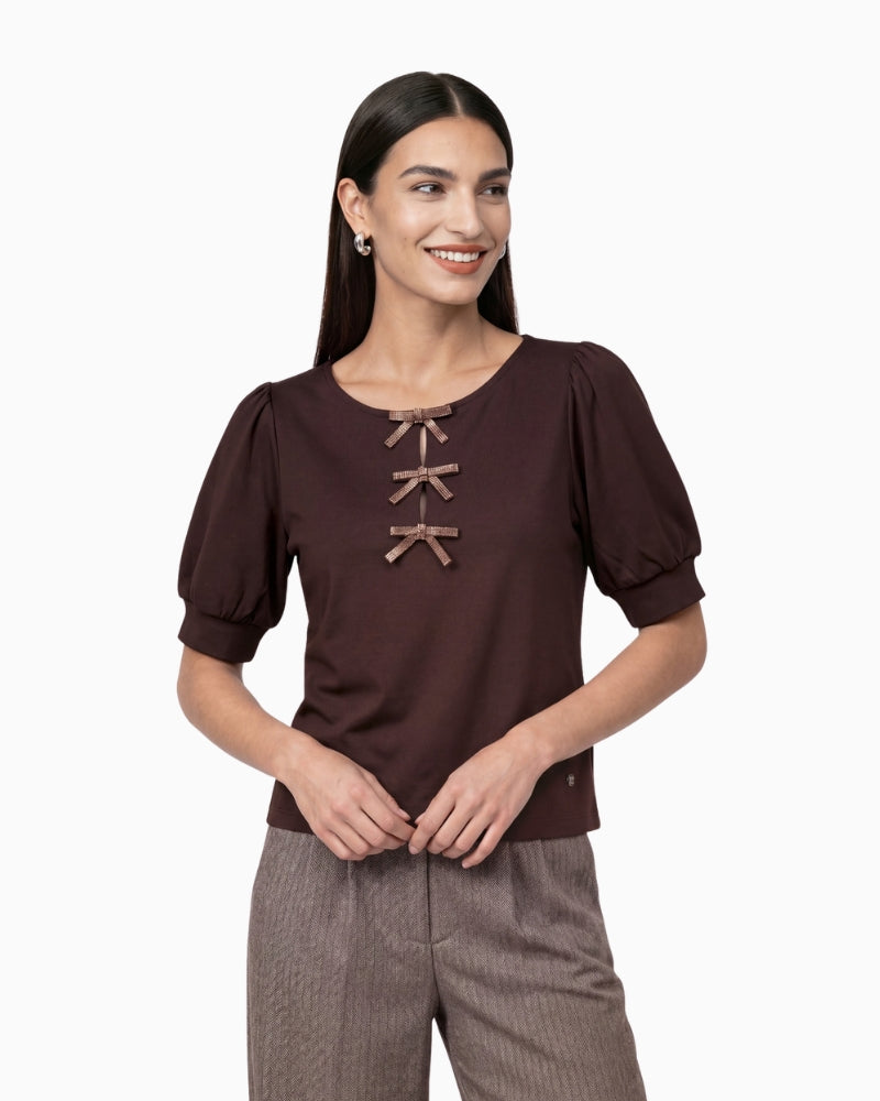 Monari Bow Detail Sweatshirt in Dark Brown front view