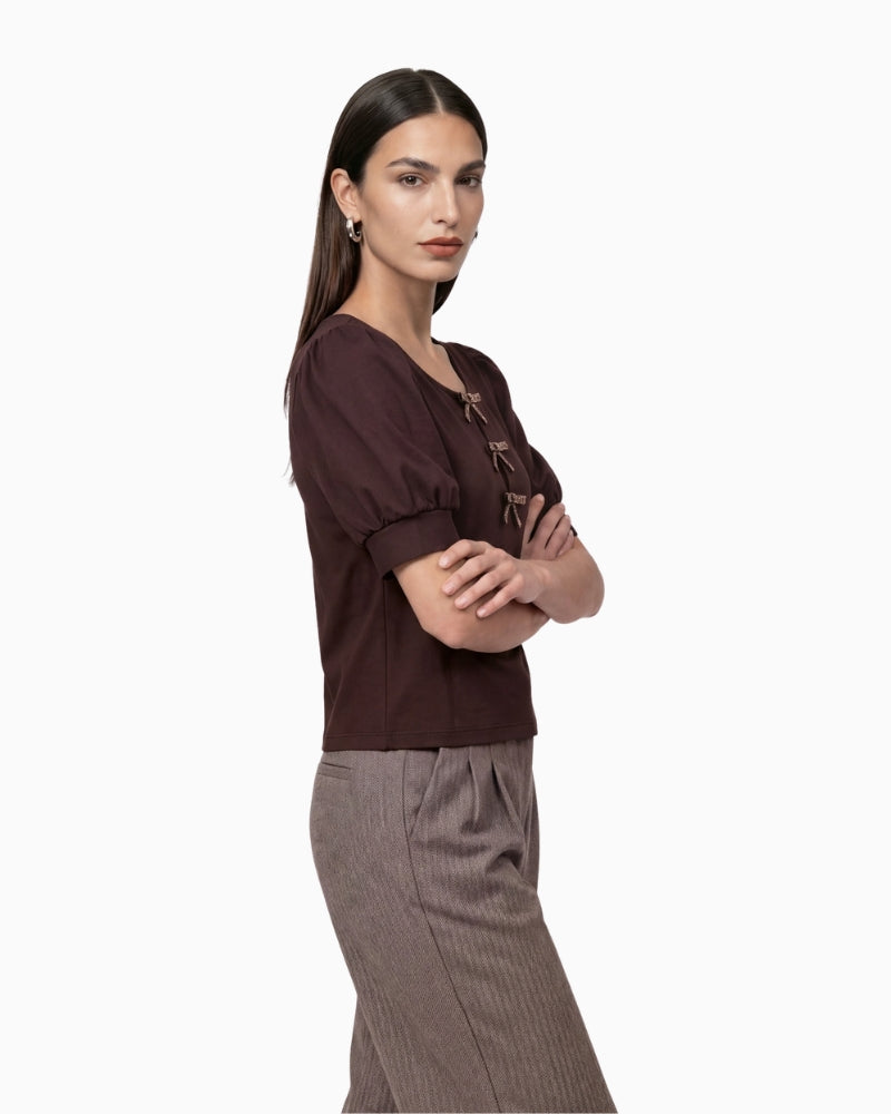 Monari Bow Detail Sweatshirt in Dark Brown side view