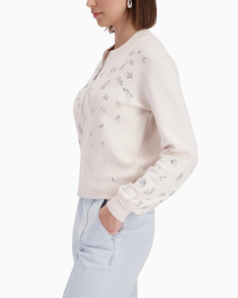 Woman wearing Monari Cardigan With Embellishments side profile – Áines Boutique