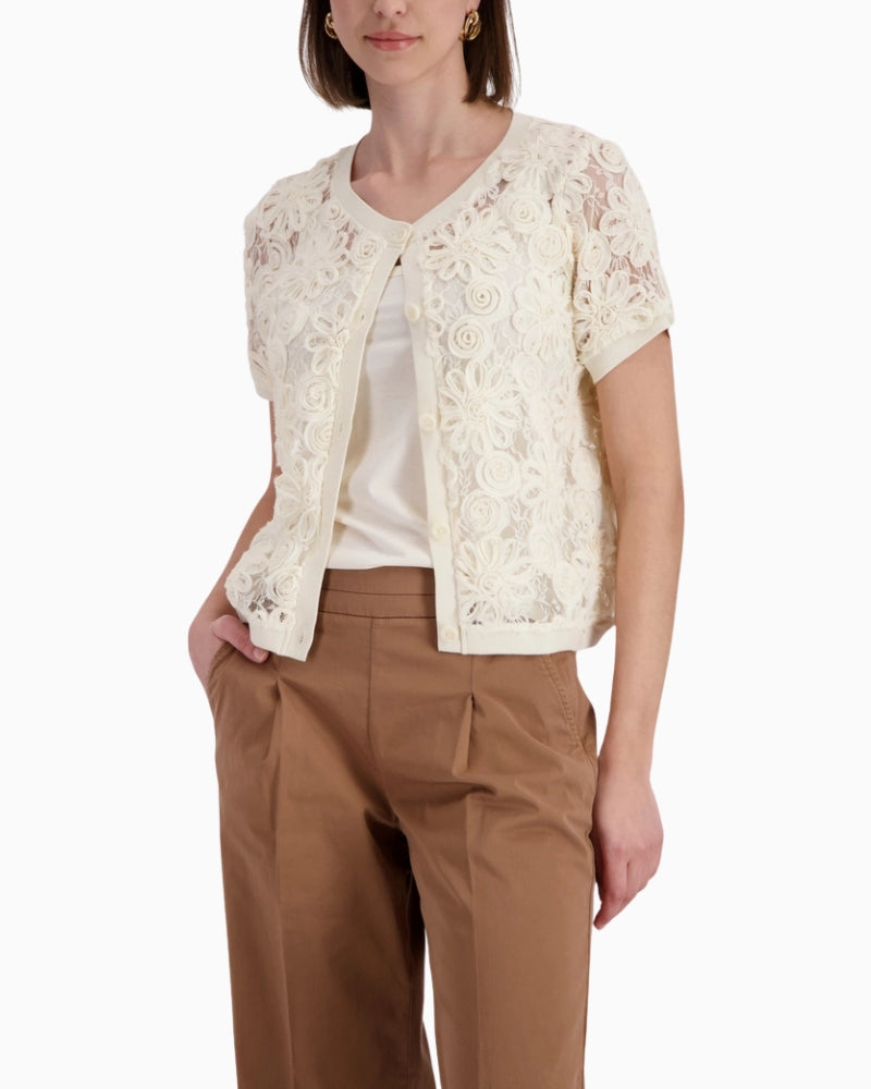 Monari Cardigan with Floral Pattern in cream button placket detail