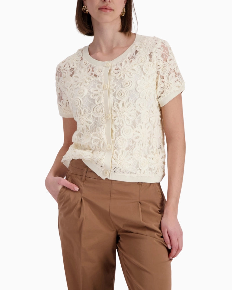 Monari Cardigan with Floral Pattern in cream front view